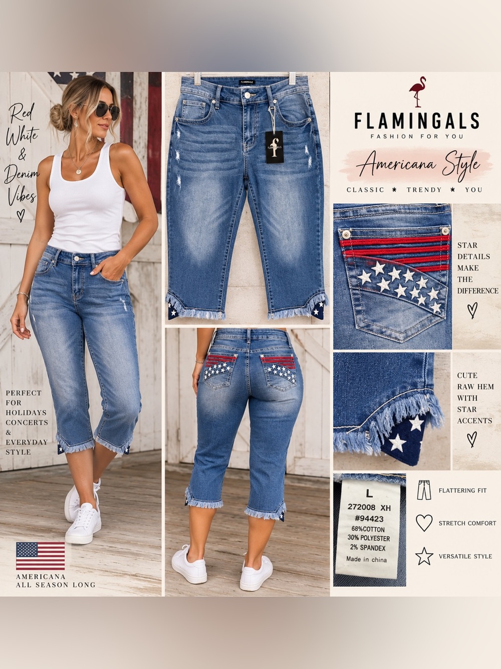 🇺🇸 Flamingals Americana Star Capri Jeans – Size Large – NWT